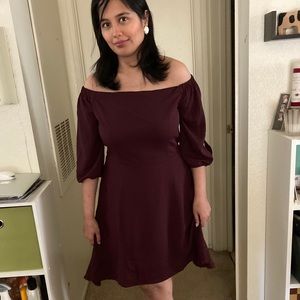 Maroon off shoulder dress with slit on sleeves
